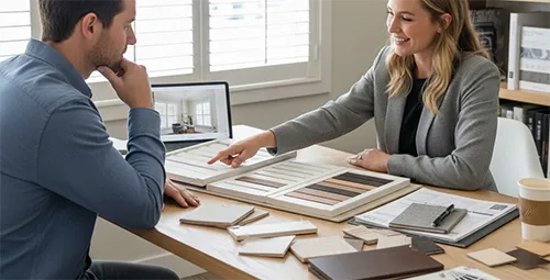 Design consultant reviewing shutter options with a customer | Yetzer