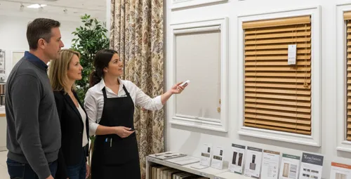 Employee going over window treatment options with customers | Yetzer