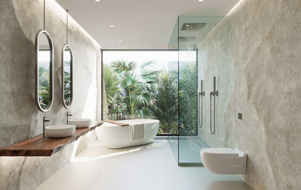 Modern bathroom with textured tile walls, freestanding bathtub, and glass shower | Yetzer Home Store